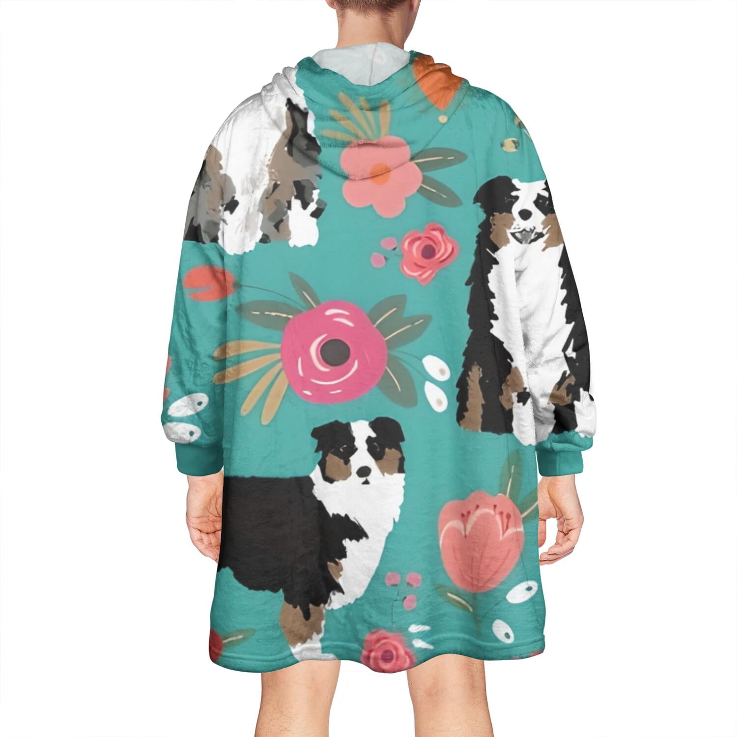 Wearable Oversized Blanket,Australian Shepherd Pioneer Flower Wearable Blanket Hoodie for Adults,Cozy Hooded Blankets with Super Pockets,Super Warm Fuzzy Pullover for Women & Men
