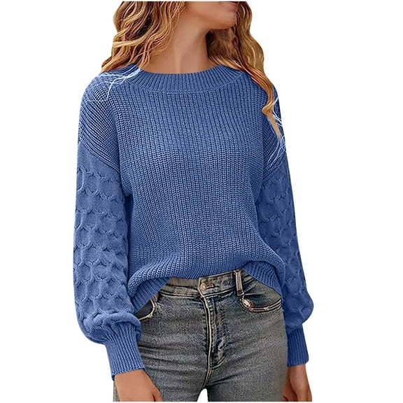 Fall Sweaters for Women Casual Crewneck Long Sleeve Tops Chunky Cable Knit Sweater Blue XL