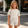 thumbnail image 5 of Vornjynx Girls Outfits 2 Piece Round Neck T-Shirt and Skinny Shorts Breathable Comfort Summer Soft Casual Clothes Beige Size 7-8, 5 of 9