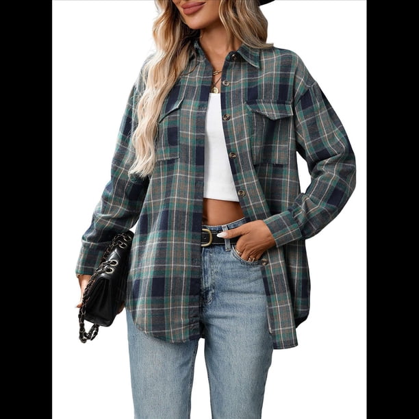 Camisa Abotonada para Mujer, Camisa A Cuadros, Larga, Solapa, Informal, para Negocios, Trabajo Azul y Verde S