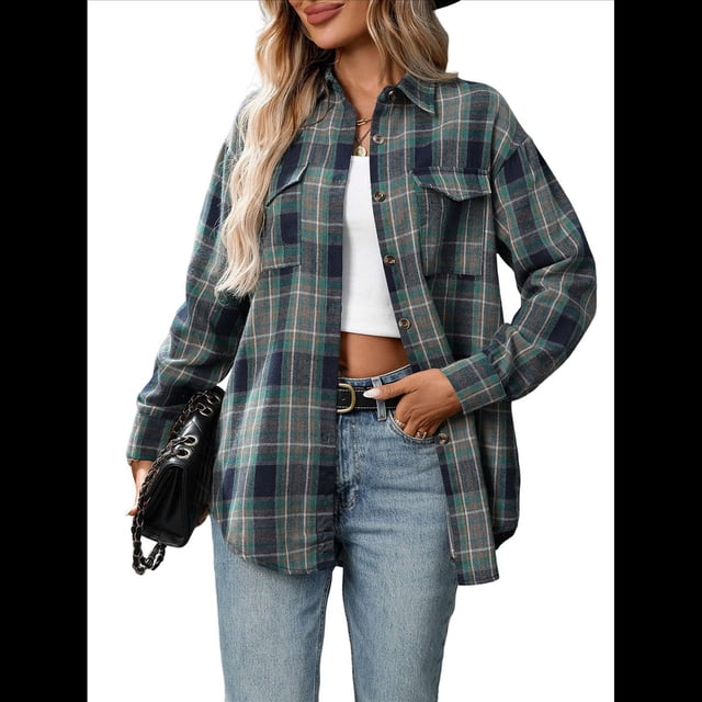 Camisa Abotonada para Mujer, Camisa A Cuadros, Larga, Solapa, Informal, para Negocios, Trabajo Azul y Verde XL