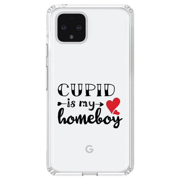 DistinctInk Clear Shockproof Hybrid Case for Google Pixel 4 XL (6.3" Screen) - TPU Bumper Acrylic Back Tempered Glass Screen Protector - Cupid is My Homeboy - Heart - Valentine