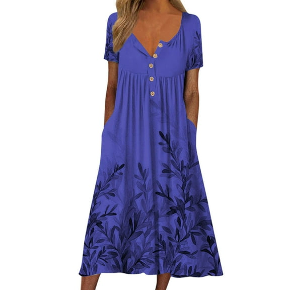 FEIFLY Dresses Flowy Boho Vacation For Women 2025 Short Sleeve Flower Round Tie Button Long Straight Dress With Pocket Sundress Stylish Wear