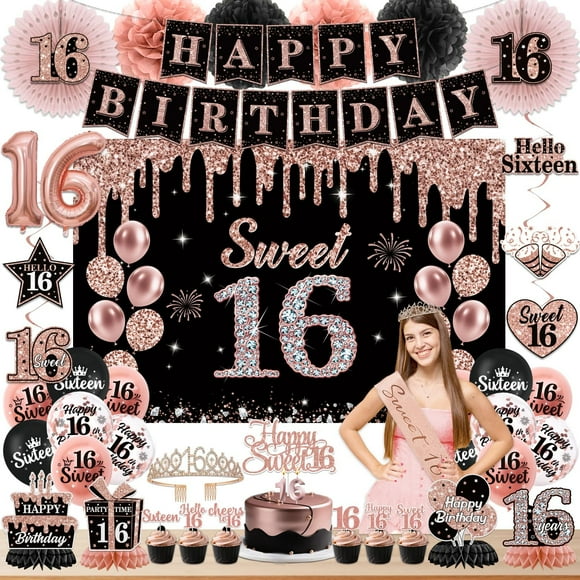 Sweet 16 Party Decoration for Girls Happy 16th Birthday Decorations Black Rose Gold Balloons,Banner,Sash,Hanging Swirls,Cake Topper,Crown,Backdrop,Paper Pom Pom Fans,Sixteen Party Supplies Decor