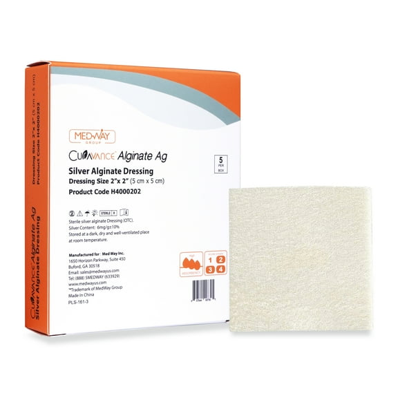 Silver Calcium Alginate Ag Sterile Highly Absorbent Antibacterial Dressing, 2"x2", 5 dressings/Box, MedHeal by MedvanceTM