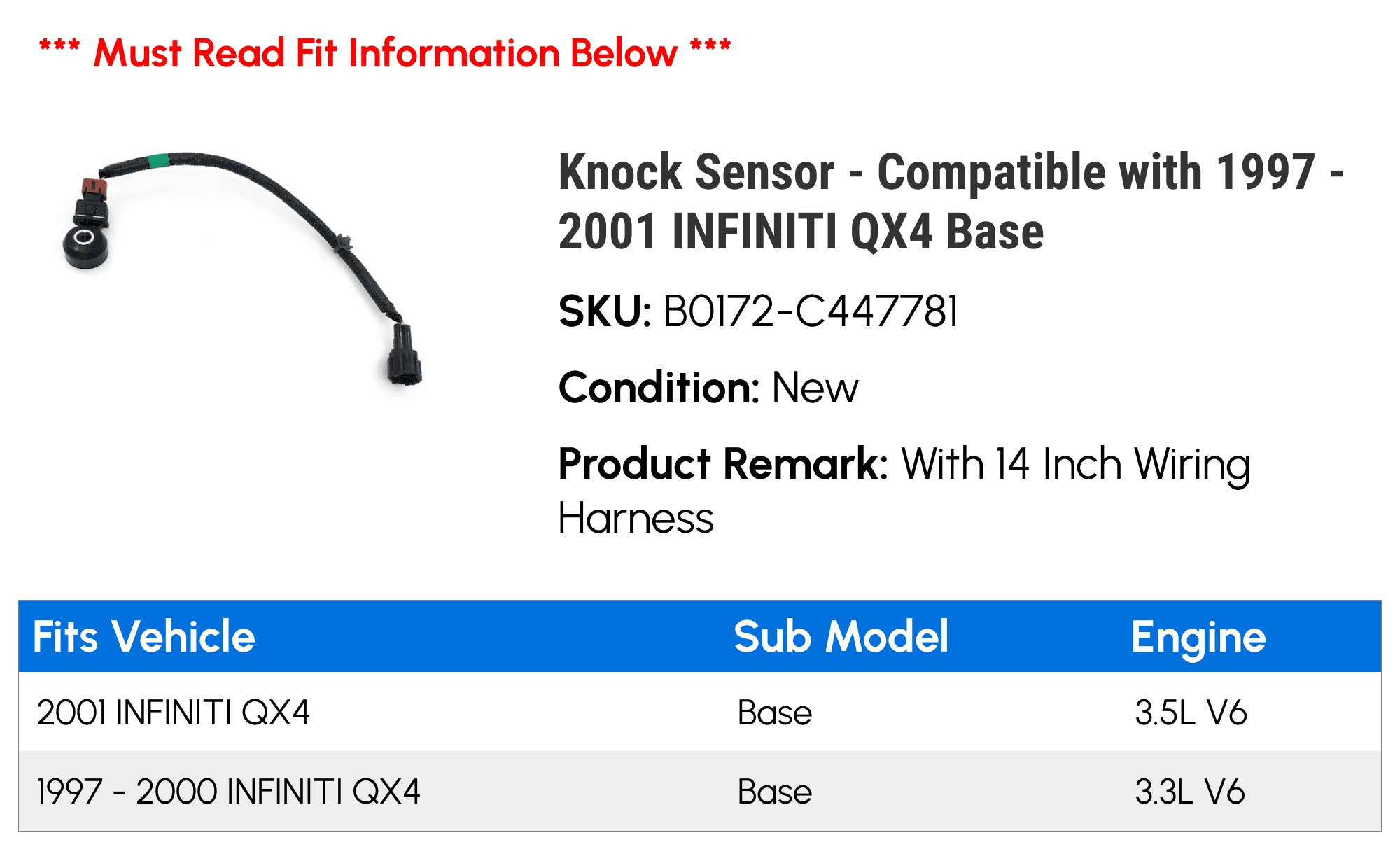 Knock Sensor - Compatible with 1997 - 2001 INFINITI QX4 Base 1998 1999 2000