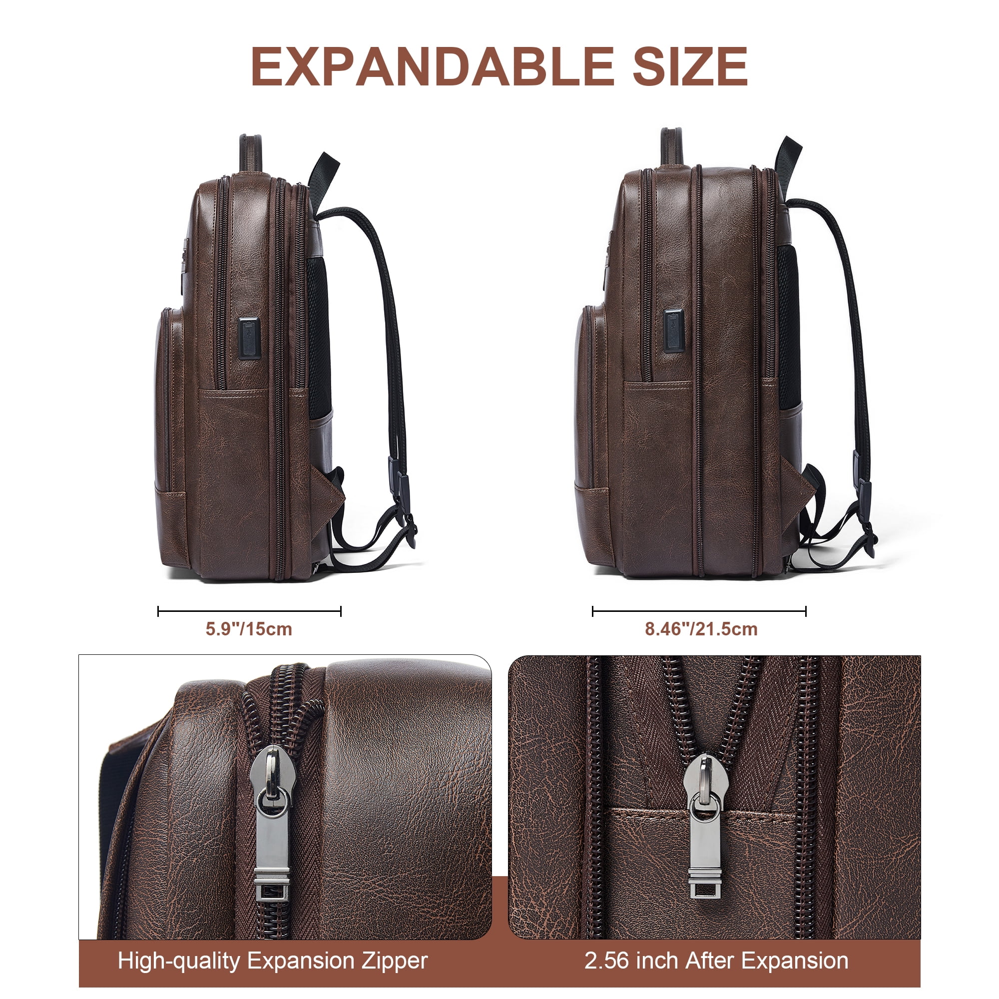 Shrrie Leather Laptop Backpack for Women and Men,28 L Travel Backpack Computer Bag Fits 16 inch Laptop,Expandable Casual Daypack with USB Charging Port for Work Business Weekender College