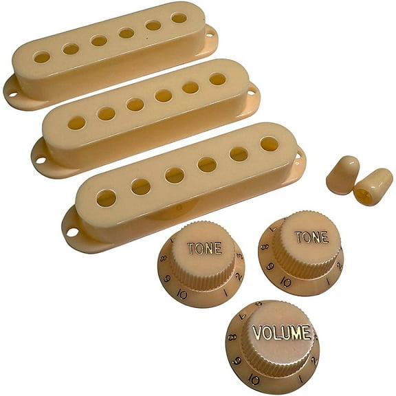 AxLabs Pickup Covers, Knobs, & Switch Tips Set for Strat-Style Guitars - Ivory, Vintage (52 mm) Gold Font