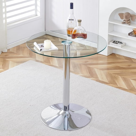Round Counter Height Bar Table With Tempered Glass Top and Sturdy Chrome Pole Support for Small Space, Kitchen, Bistro