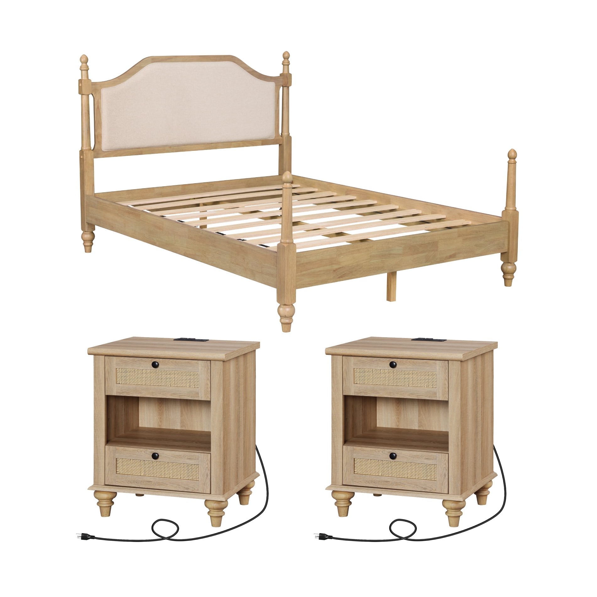 3 Piece Bedroom Set, Queen Bed Frame with Headboard & 2 Rattan Nightstands with Charging Station & Open Storage, Oak