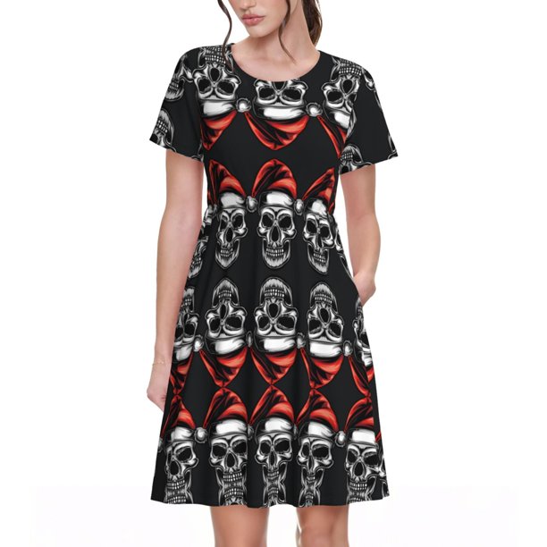 Balery Skull santa hat Vestidos sueltos de manga corta para mujer, vestidos de verano 2025, vestidos casuales de corte A con vuelo.
