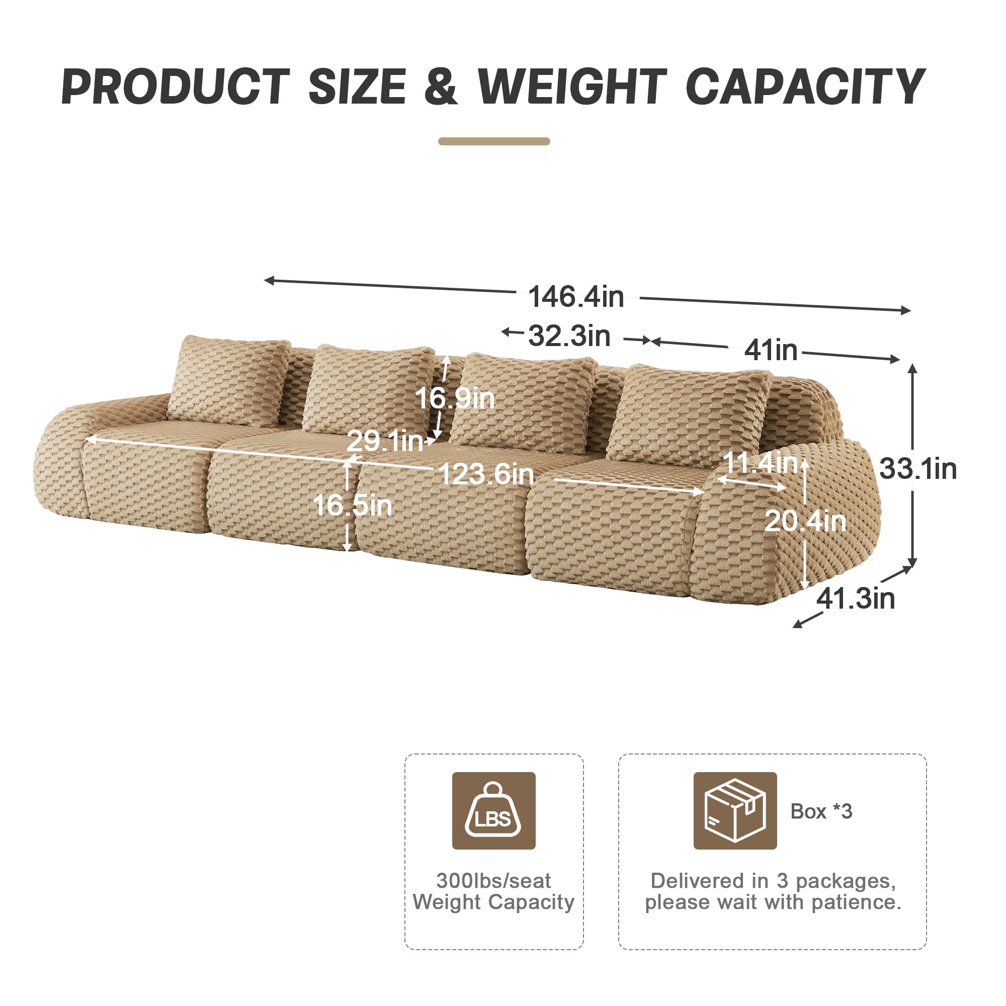 Alvantor 146" Cloud Modular Sectional Sofa Deep Seat Flannelette Boneless Couch for Living Room Bedroom Light Camel