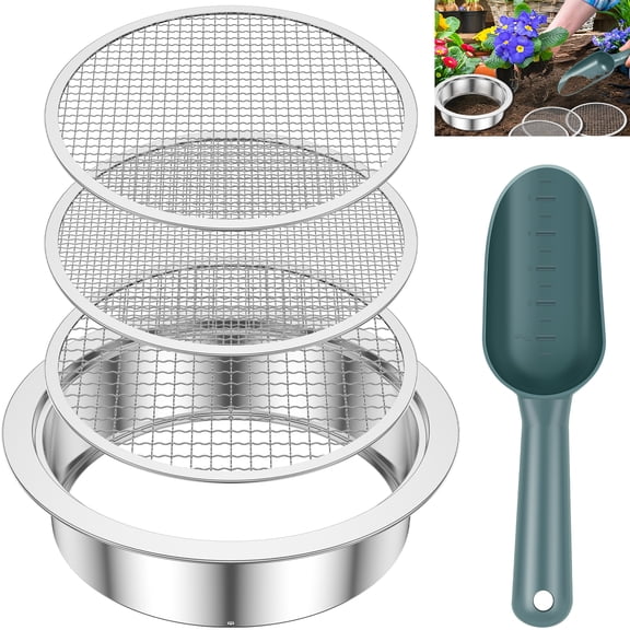 Stainless Steel Soil Sifter Garden Soil Sieve Set with 1 3 6 9 12 mm Replaceable Sieve Mesh Sifter Compost Sifter for Gardening Compost Rock Sifter with Bonsai Scoop(3 Screens)