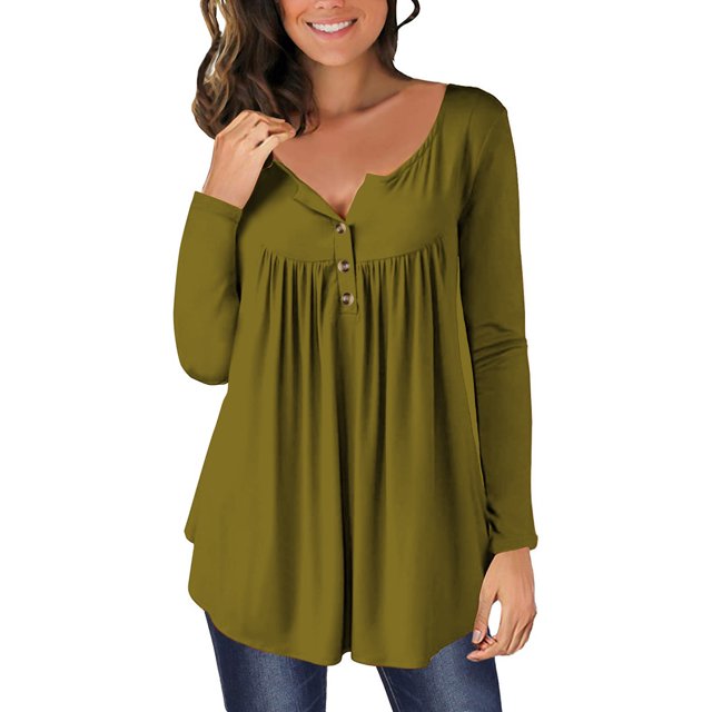 Timegard Tops for Women Long Sleeve Notched V-Neck Button Ruched Comfy Long Blouse Casual Tunic Tops