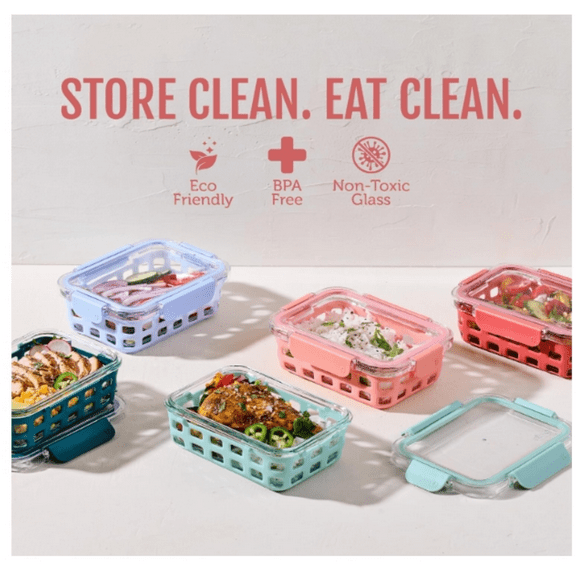 3.4 Cup Meal Prep Sets 10Pc, 5 Pack Set- Glass Food Storage Container with Silicone Sleeve and Airtight BPA-Free Plastic Lids, Dishwasher, Microwave, and Freezer Safe, Melon