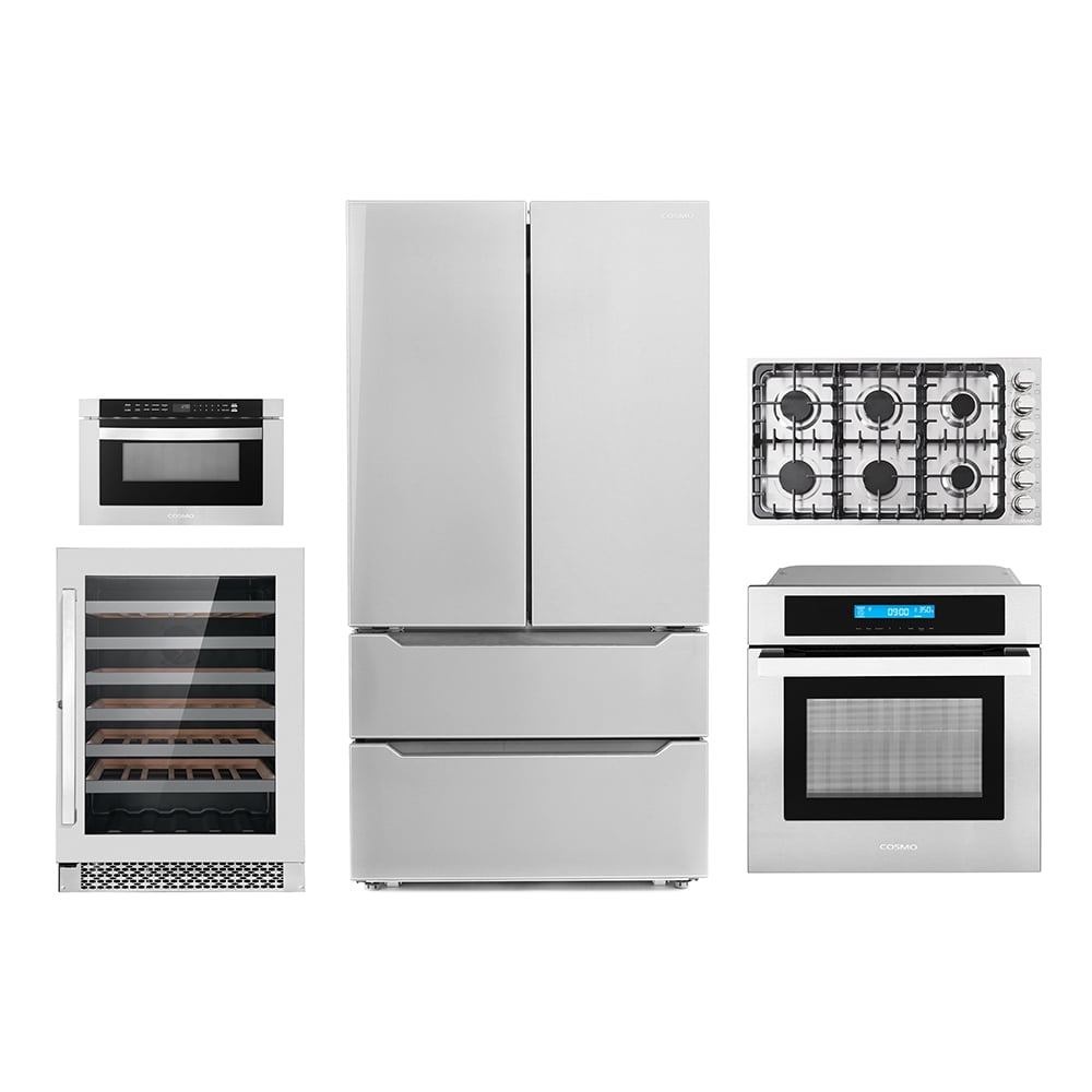 5 Piece Kitchen Package With 30" Gas Cooktop 24" 48 Bottle Single Zone Freestanding Wine Refrigerator 24" Single Electric Wall Oven 24" Built-In Microwave Drawer & French Door Refrigerator