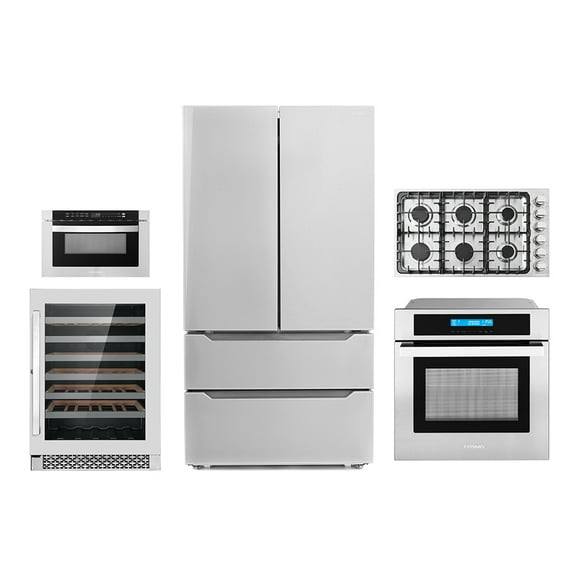 5 Piece Kitchen Package With 30" Gas Cooktop 24" 48 Bottle Single Zone Freestanding Wine Refrigerator 24" Single Electric Wall Oven 24" Built-In Microwave Drawer & French Door Refrigerator