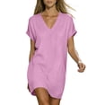 thumbnail image 6 of cocolona Women Linen Dress Summer Casual Loose V Neck Short Sleeve T-shirt Dress Beach Vacation Mini Dress, 6 of 7