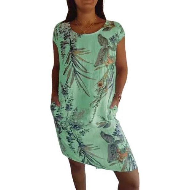 XYMJT Robes Needream, Robe Imprimée en Coton et Lin pour Femmes, Col Rond, avec Poche