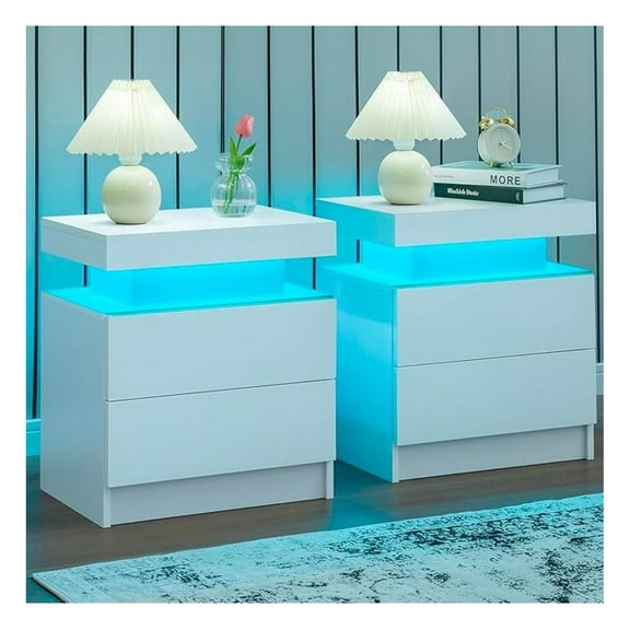 Nightstand Set of 2 LED Nightstand with 2 Drawers,Night Stand Set 2 with LED Light,Bedside Table with Drawers for Bedroom,White