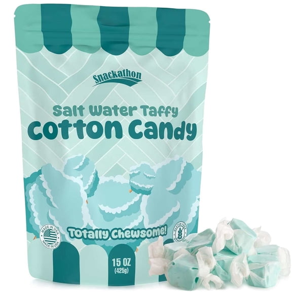 Snackathon Salt Water Taffy Single Flavor, Cotton Candy, Bulk Individually Wrapped Gourmet Candy, Soft & Chewy Sweet Treats, 15 oz Resealable Bag