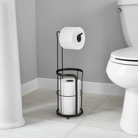 Mainstays Free Standing Toilet Paper Holder with Roll Reserve, Matte Black