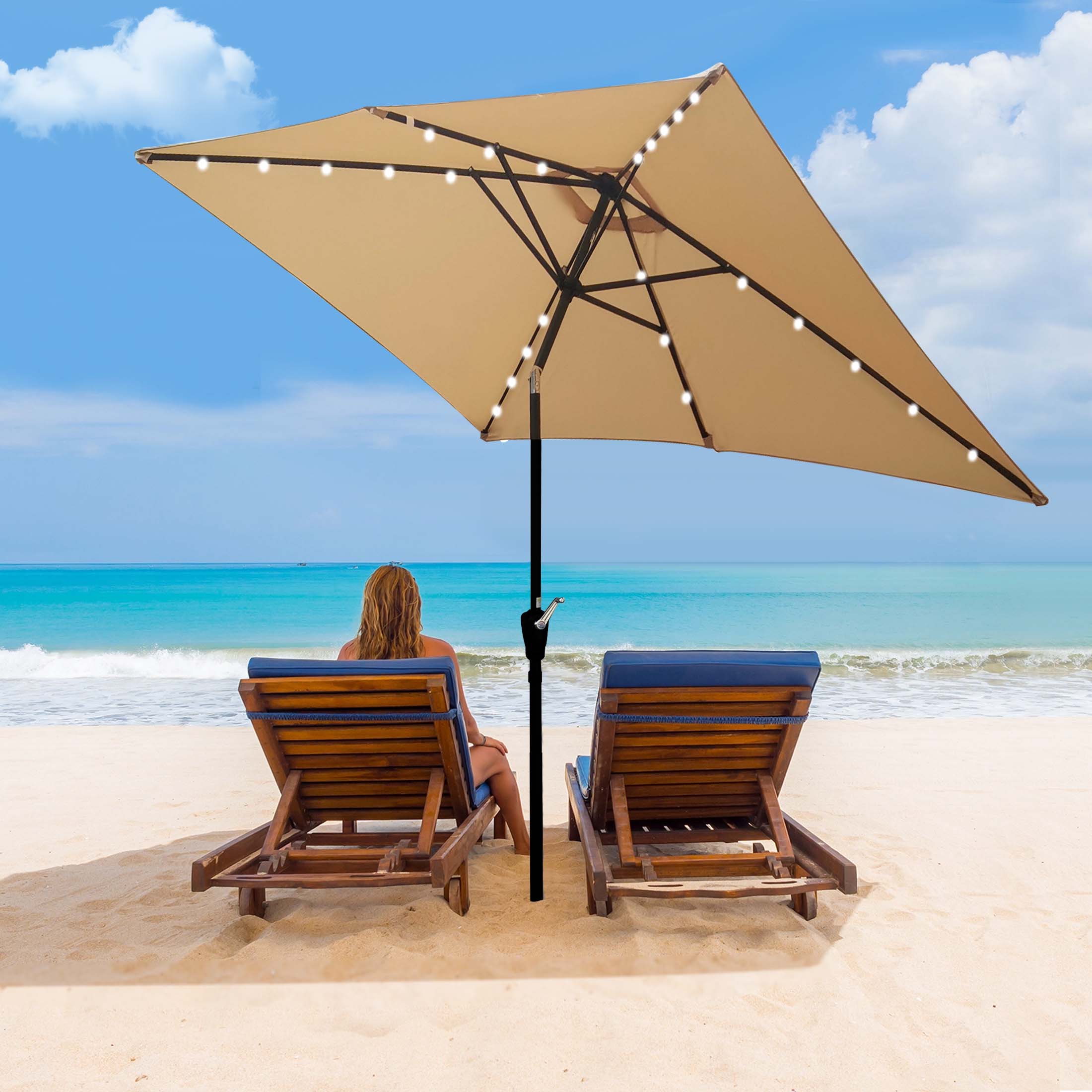 Aukfa 10 x 6.5ft Rectangular Patio Solar LED Lighted Outdoor Umbrellas for Market Beach Pool - Tan