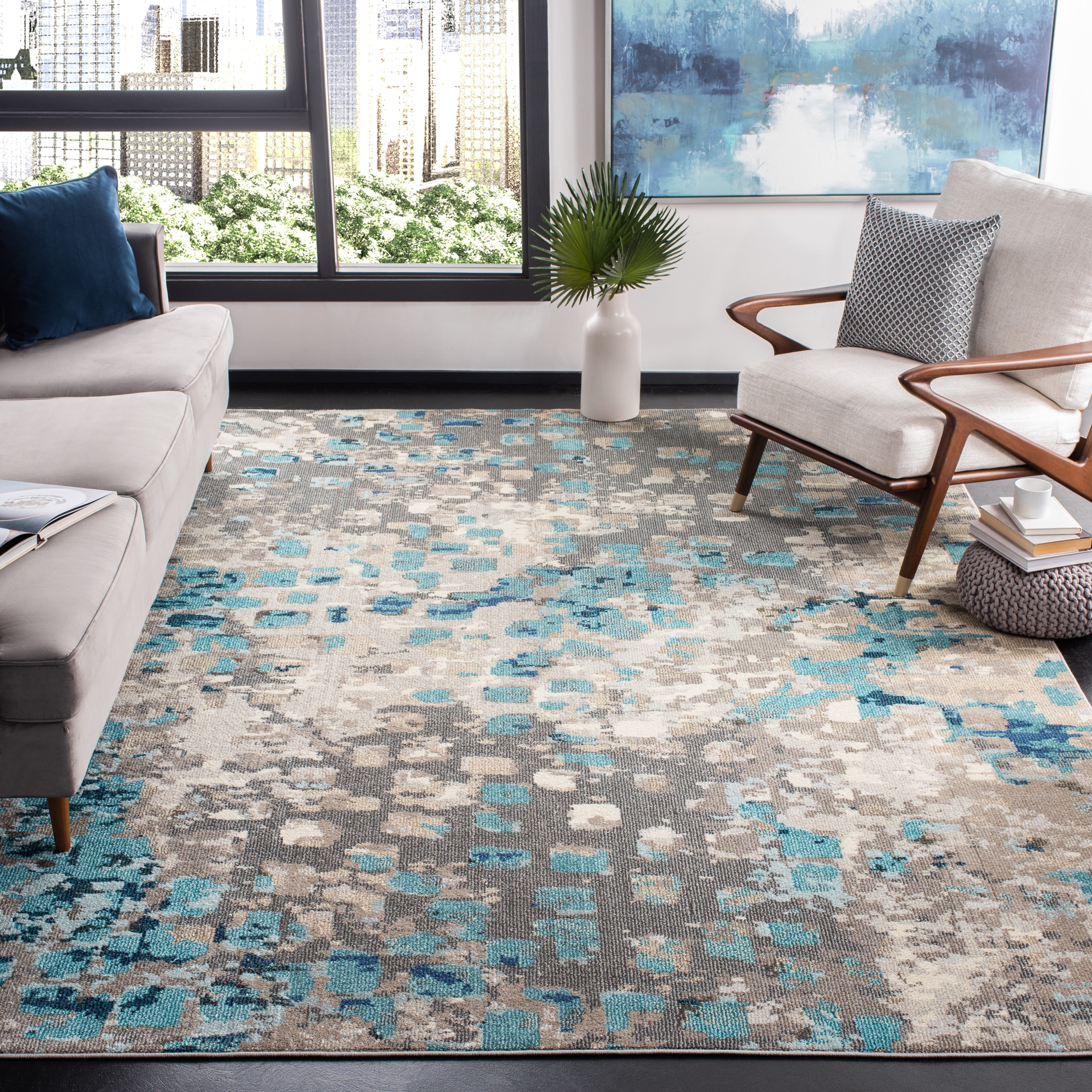 SAFAVIEH Madison Candelario Abstract Polka Dots Area Rug, Grey/Blue, 8' x 8' Square