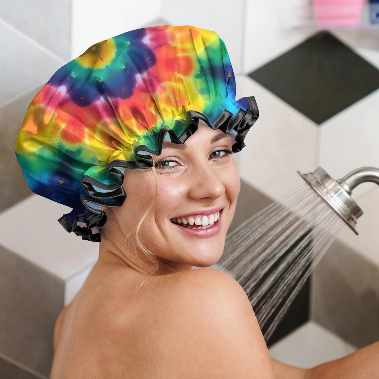 Shower Caps,Colorful Rainbow Tie Dye Spiral Pattern Waterproof Shower Cap for Women 4 Pieces,Double Reusable Hair Cover for Shower PEVA Elastic Stretch Hem