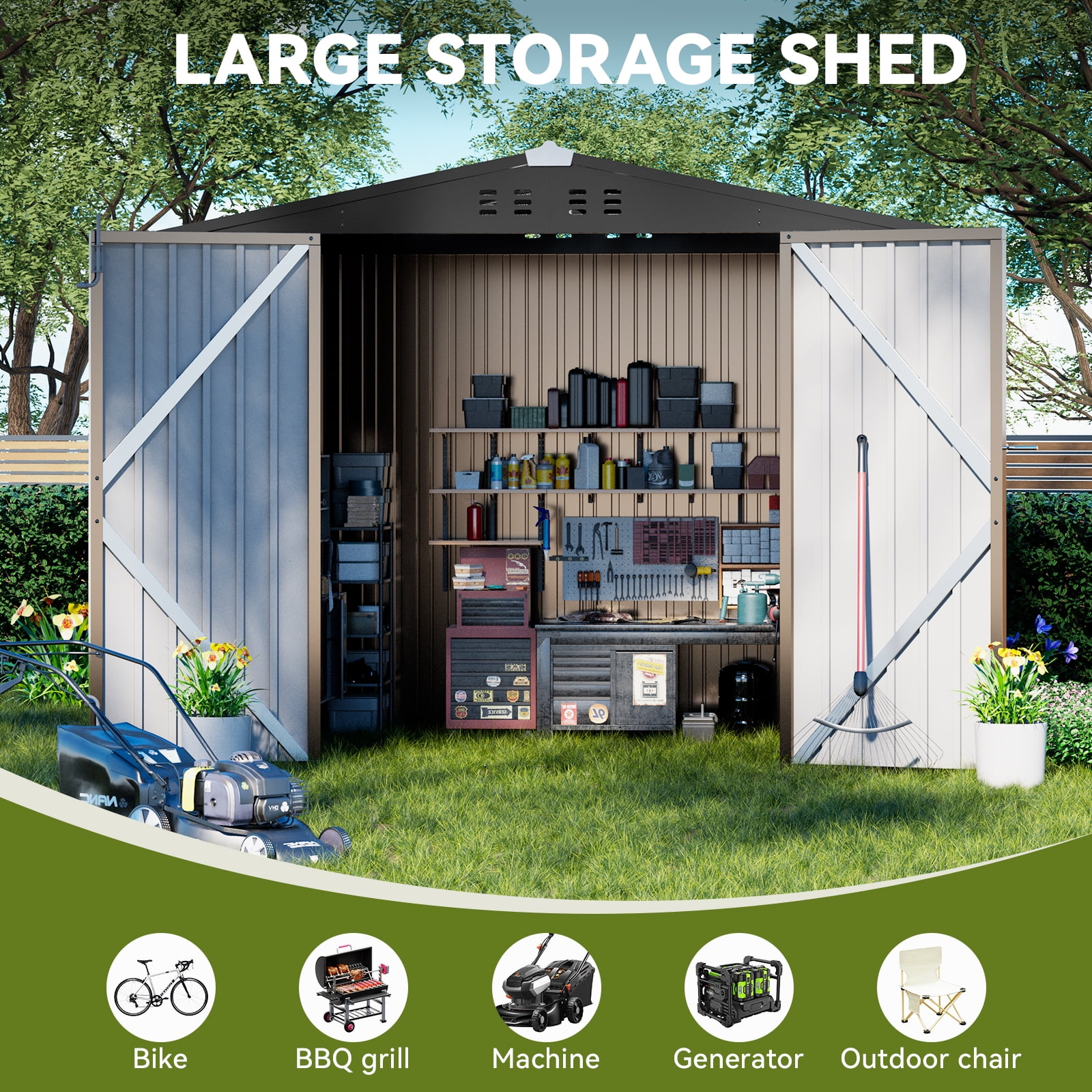 COMHOMA Outdoor Storage Shed 8 x 6 FT Shed with Lockable Door Steel Garden Shed with Air Vent,Brown