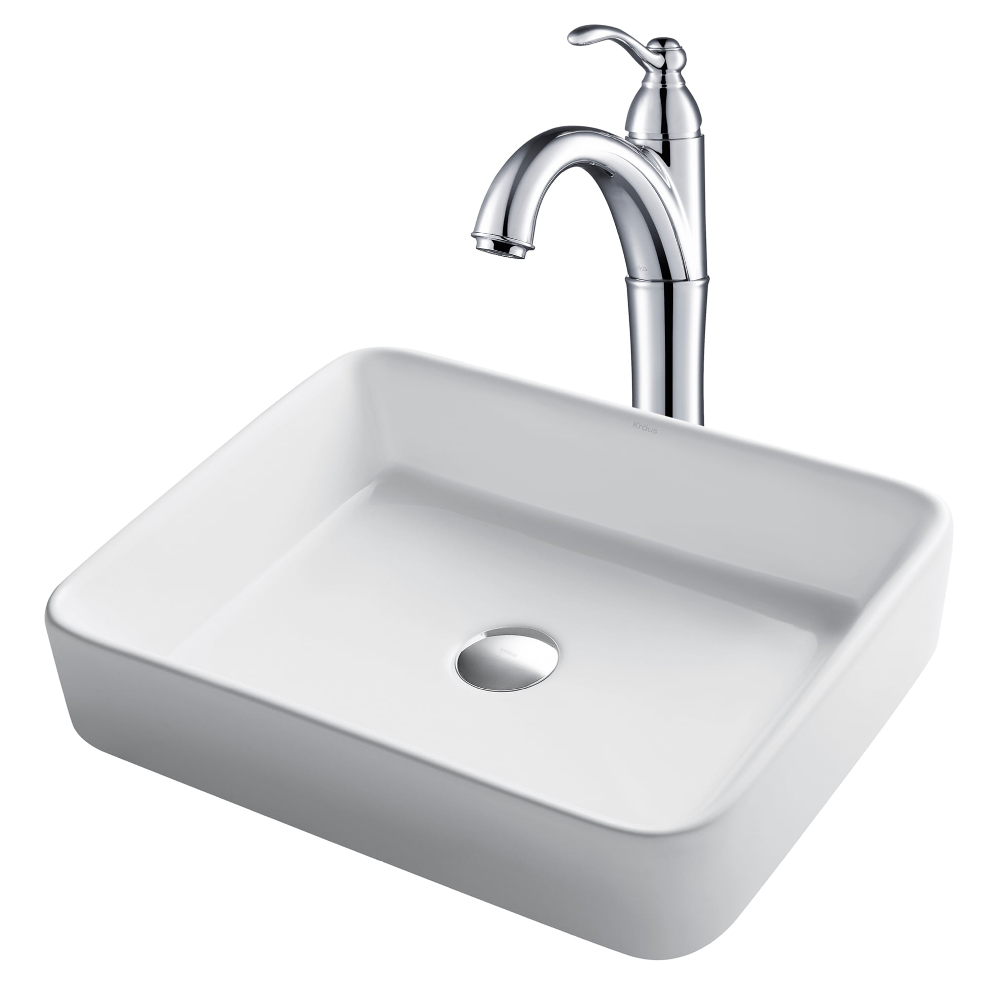 Kraus 19 Inch Modern Rectangular White Porcelain Ceramic Bathroom Vessel Sink And Riviera Faucet Combo Set With Pop Up Drain