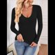 thumbnail image 5 of Camisas de Larga para Mujer, Moda de Otoño, Cuello en V, Básicas, Tops Cortos, Entallados, Y2K, Conjuntos, Ropa Negro M, 5 of 10