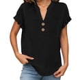thumbnail image 6 of MOJOGO Women's Ruffle Short Sleeve Tops V Neck Linen Blouse Loose Quarter Button Up Shirts Loose Casual Summer Tops, 6 of 7