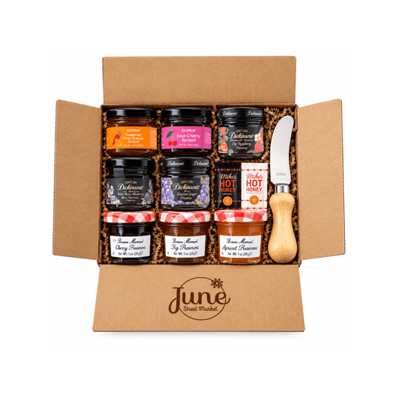 Gourmet Jam, Preserves, Hot Honey & Spreader Gift Box 12 Piece – Bonne Maman, Dickinson's, Divina & Mike's Hot Honey Variety Pack with Acopa Stainless Steel Spreader