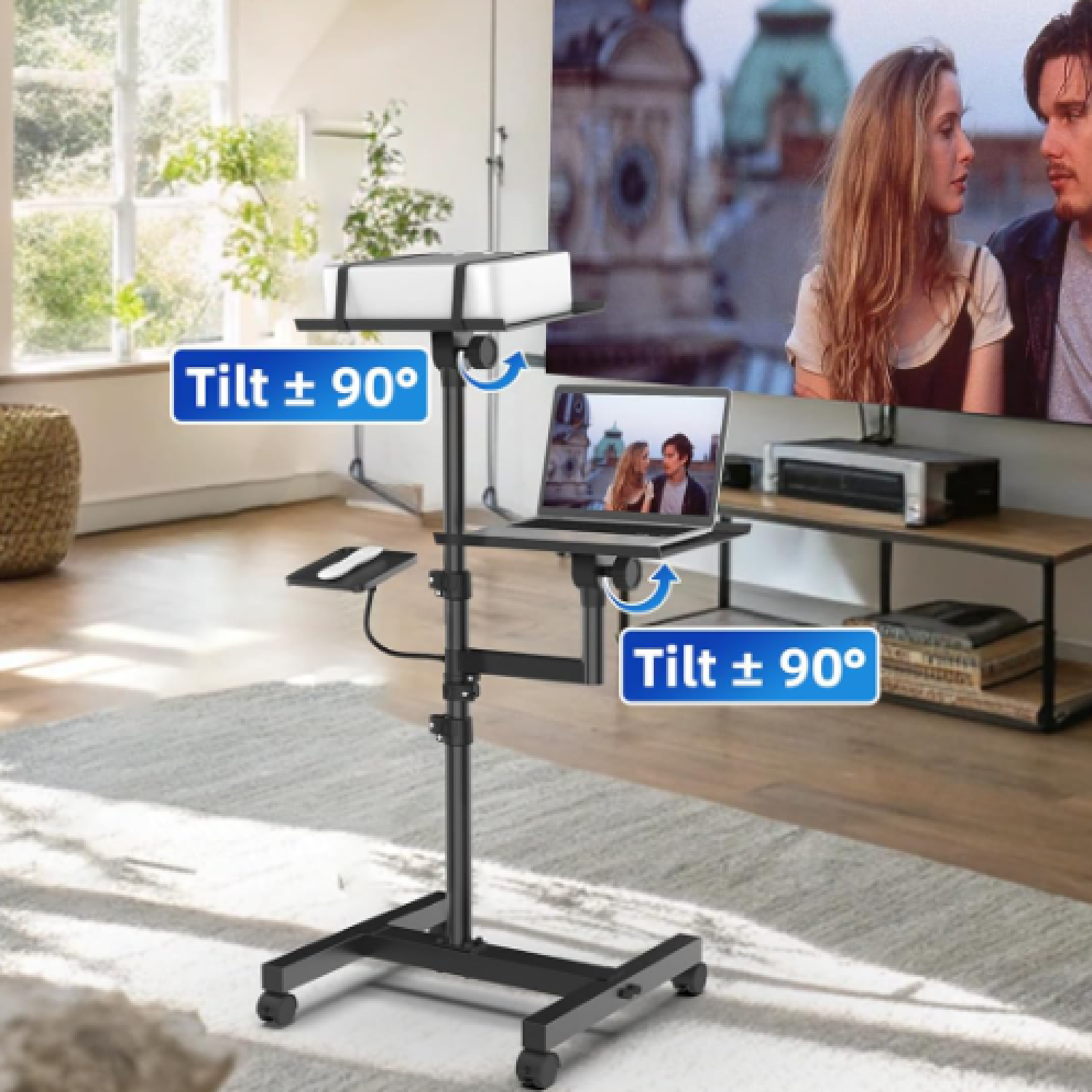Projector and Laptop Stand Tripod, 2 Shelves Mobile Laptop Tripod Stand, Max 47" Height Adjustable Laptop Cart on Wheels, Projector Floor Stand with Ventilated Tray for Podium, Meeting, Couch