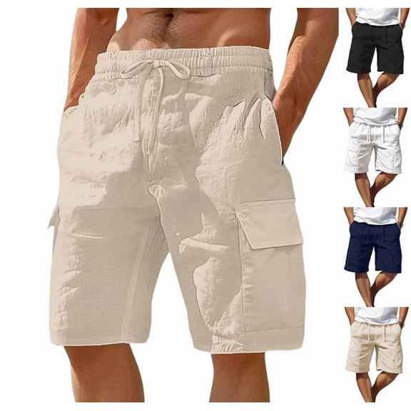 Mens Linen Cargo Shorts Casual Drawstring Shorts Relaxed Fit Summer Beach for Men Khaki S