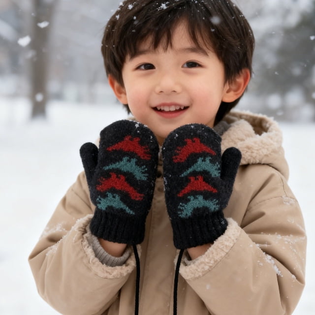 Double Layer Fleece Lined Thermal Winter For Kids With Cute Dinosaur Knit Design