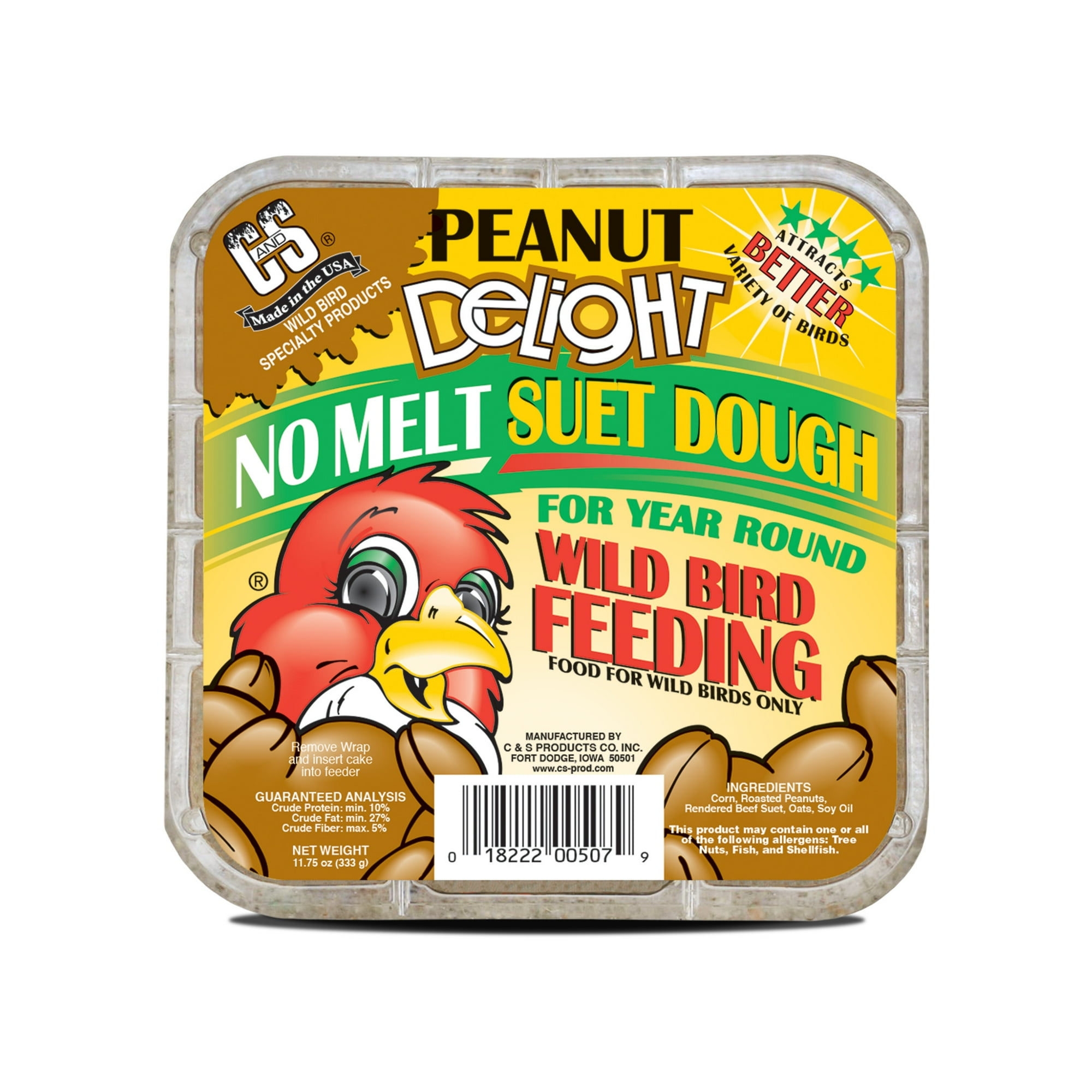 C&S Peanut Delight No-Melt Suet Dough, 11.75 oz Cake, Fresh Wild Bird Food, 1 Pack