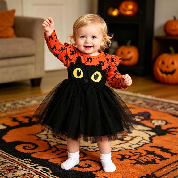 Girls Cute Dress Long Sleeve Kids Girl Tulle Dresses Fall Outfit Halloween Outfits(A_Orange,5-6 Years)
