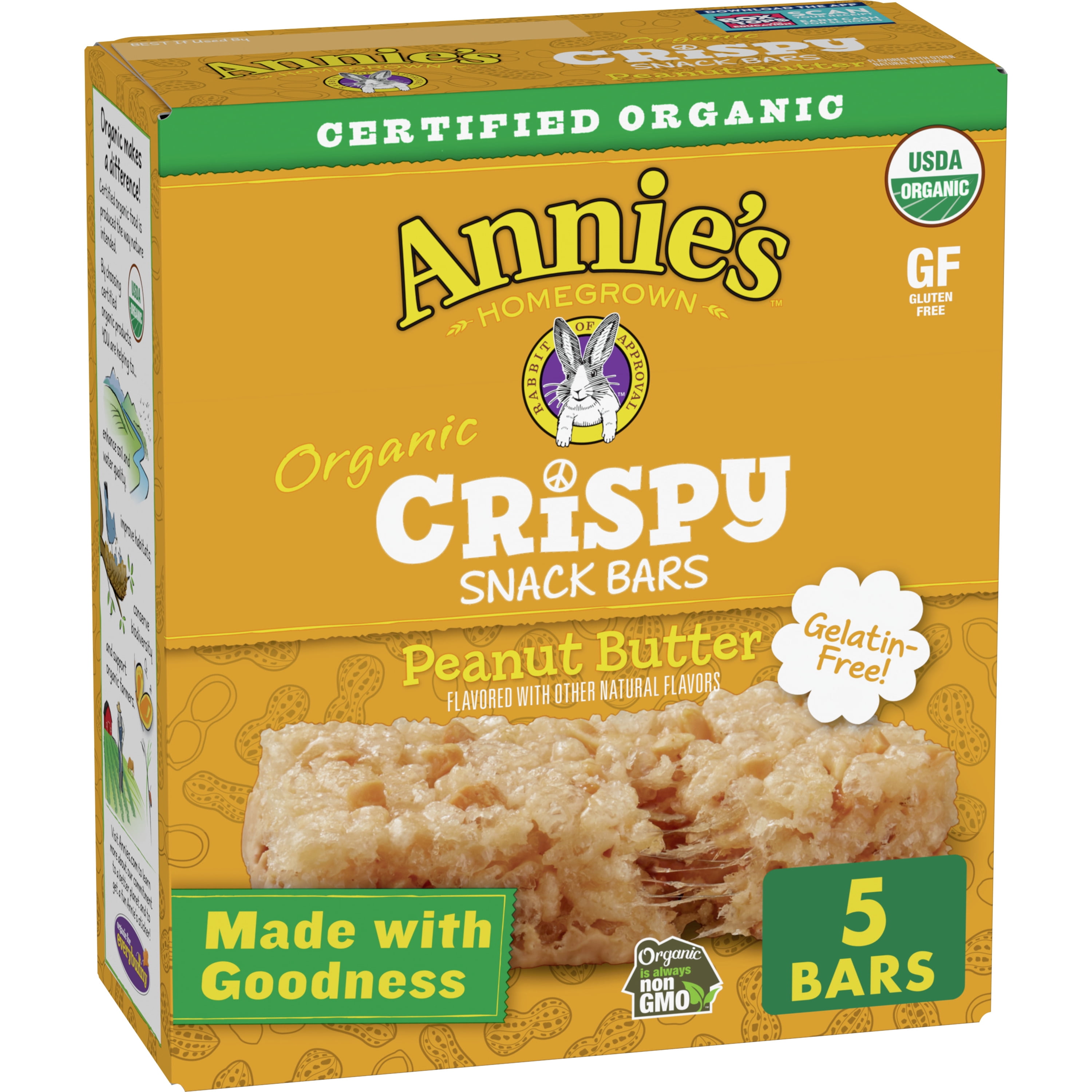Annie's Organic Peanut Butter Crispy Snack Bars, Gluten Free, 5 Bars, 3.9 oz.