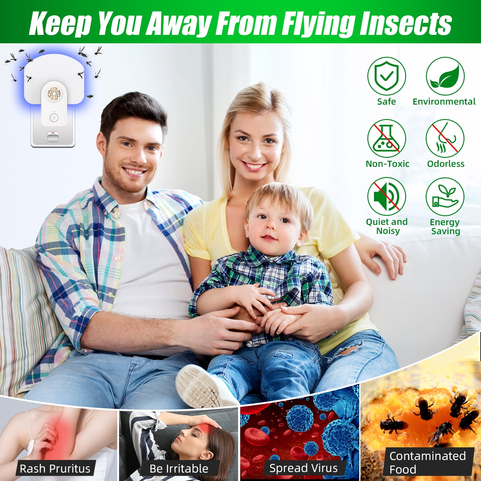 G · PEH 2-in-1 Plug-in Flying Insect Trap Mosquito Trap Gnat Killer Indoor Electric Insect Trap Ultrasonic Pest Repellent Home Office (2 PACK)