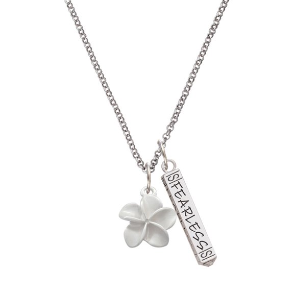 Delight Jewelry Silvertone White Plumeria Flower Silvertone Fearless Bar Charm Necklace, 23"