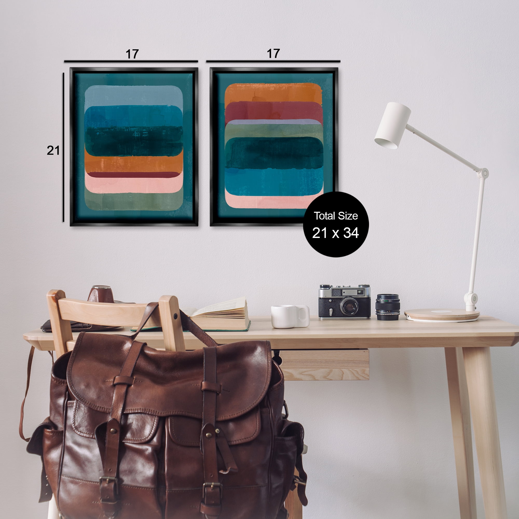 Stupell Industries Abstract Teal Stacked Colors Abstract Painting Black Floater Framed Canvas Art Print Wall Art, 17 x 21, Set of 2