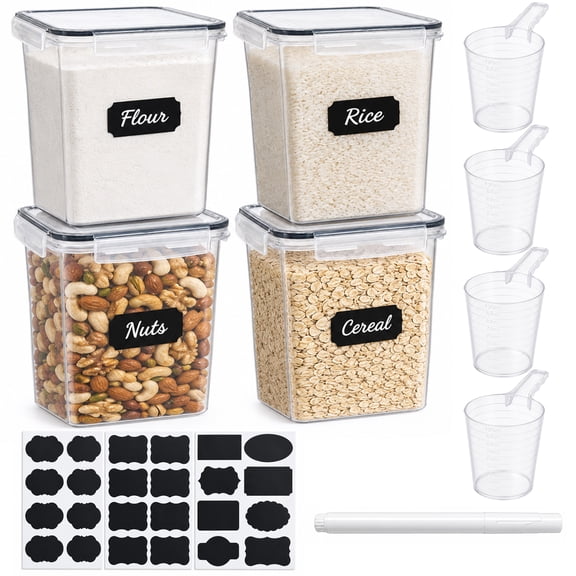 4 Pack Airtight Food Storage Container Set, 84.5 oz Flour Containers with 4 Airtight Locking Lid, Large Dry Food Storage for Cereal Rice Sugar, Includes 4 Measuring Scoops, Labels and Marker
