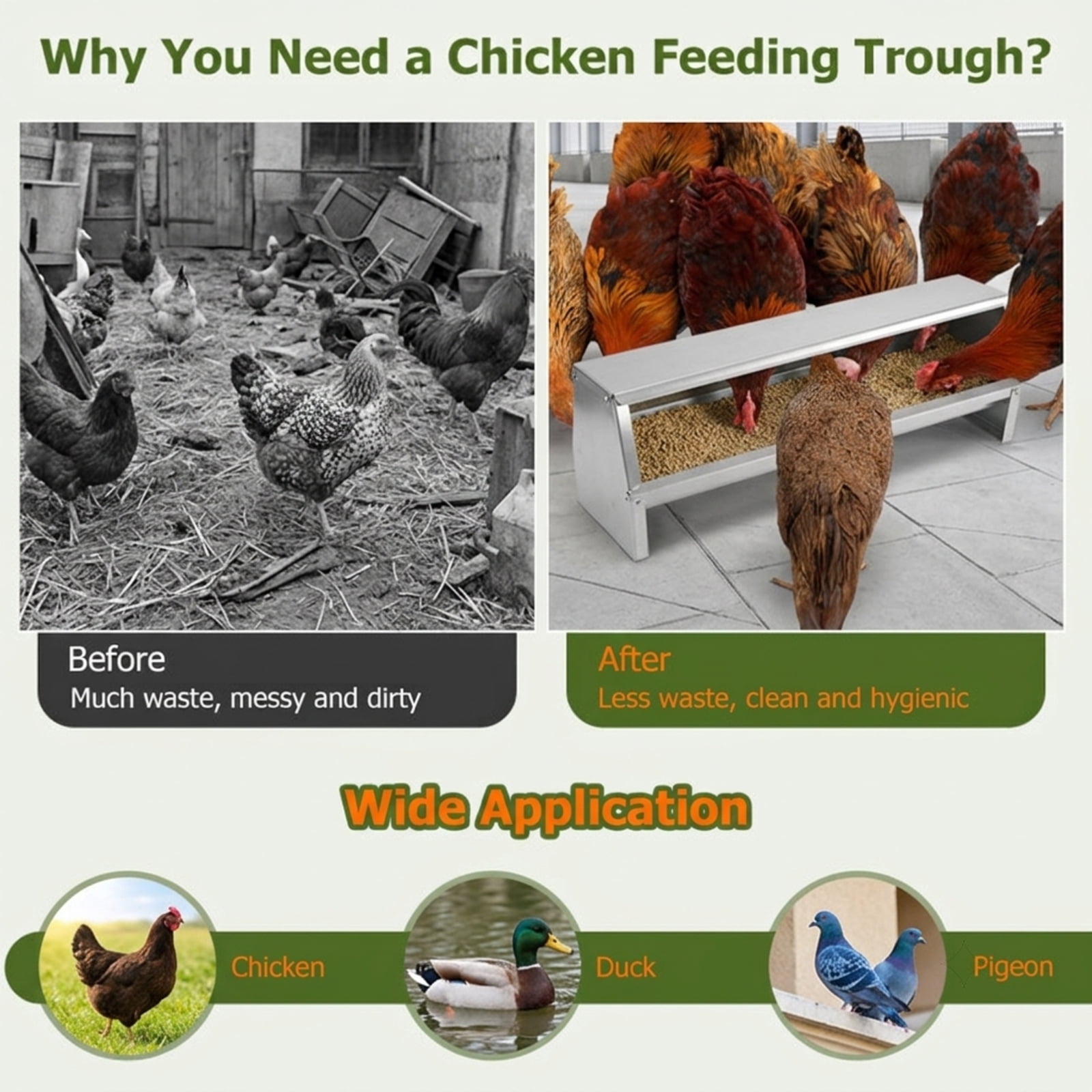 Vebreda Metal Chicken Feeder, 4 Gallon Galvanized Steel Feeding Trough with Drainage Holes & Stoppers, Elevated No-Waste Poultry Feeder for 12 Chickens, Rustproof with Handle, Silver