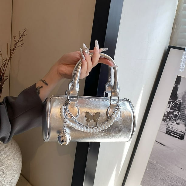 Bolso bandolera en forma de barril bolso de mano con mariposa cilindro de cuero PU para mujer