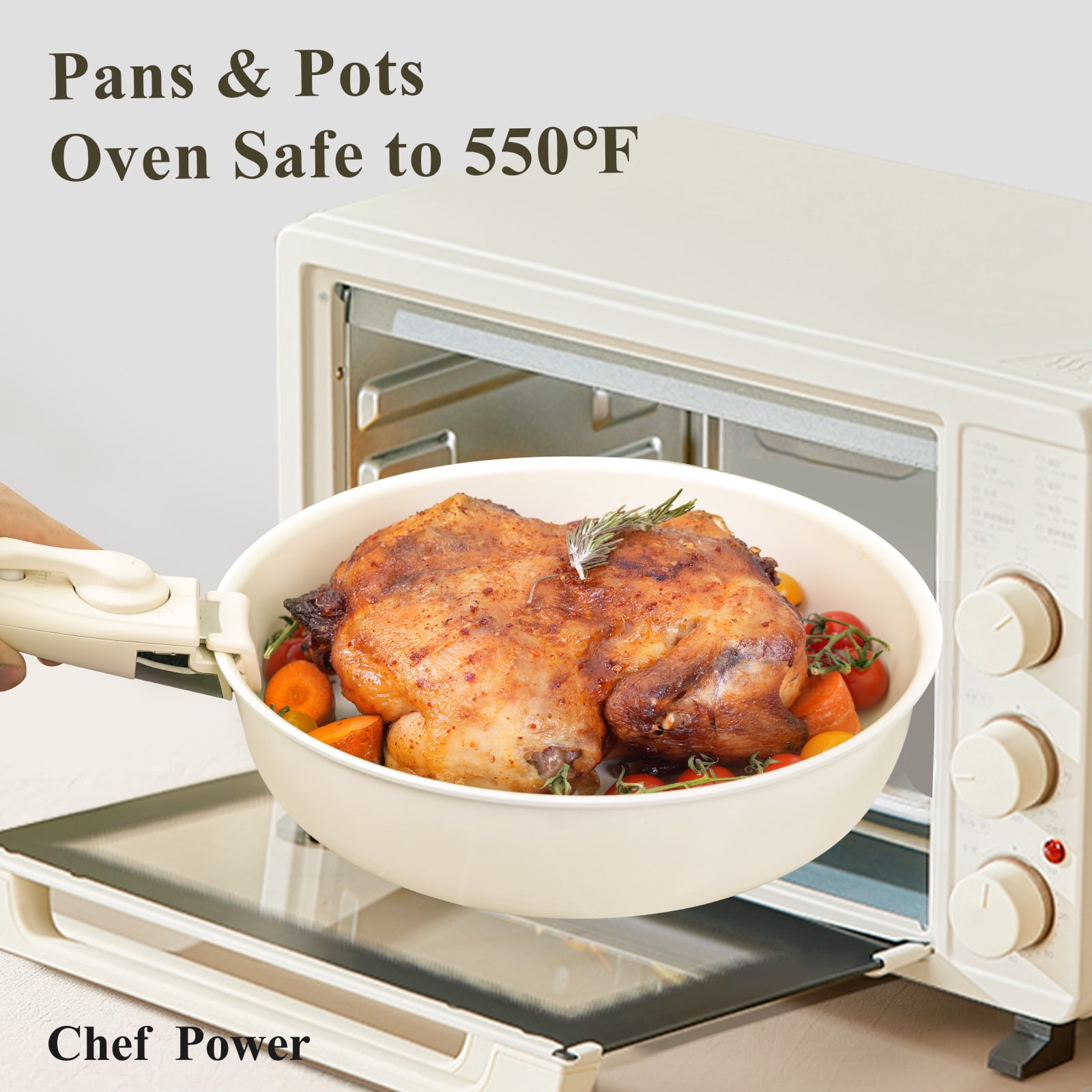 Chef Power 5pcs Pots and Pans Set, Nonstick Cookware Set, Ceramic Pan, Detachable Handle, RV Cookware Set, Induction Pan, Dishwasher, Oven Safe, Cream White