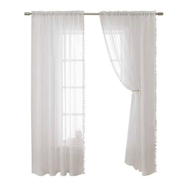 Mistaha 2pc Curtain Modern Simple Solid Color Window Screen Filter Cotton Lace Two Pieces For Study Children's Room Bedroom Living Room Balcony Wear Rod