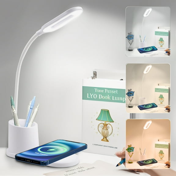 2 in 1 Led Desk Lamp with Wireless Charger & Pen Holder,USB 3 Modes Dimmable Table Lamp with Touch Control,Adjustable Gooseneck 360 Rotation Foldable Reading Light for Office,Home,Dormitory,White