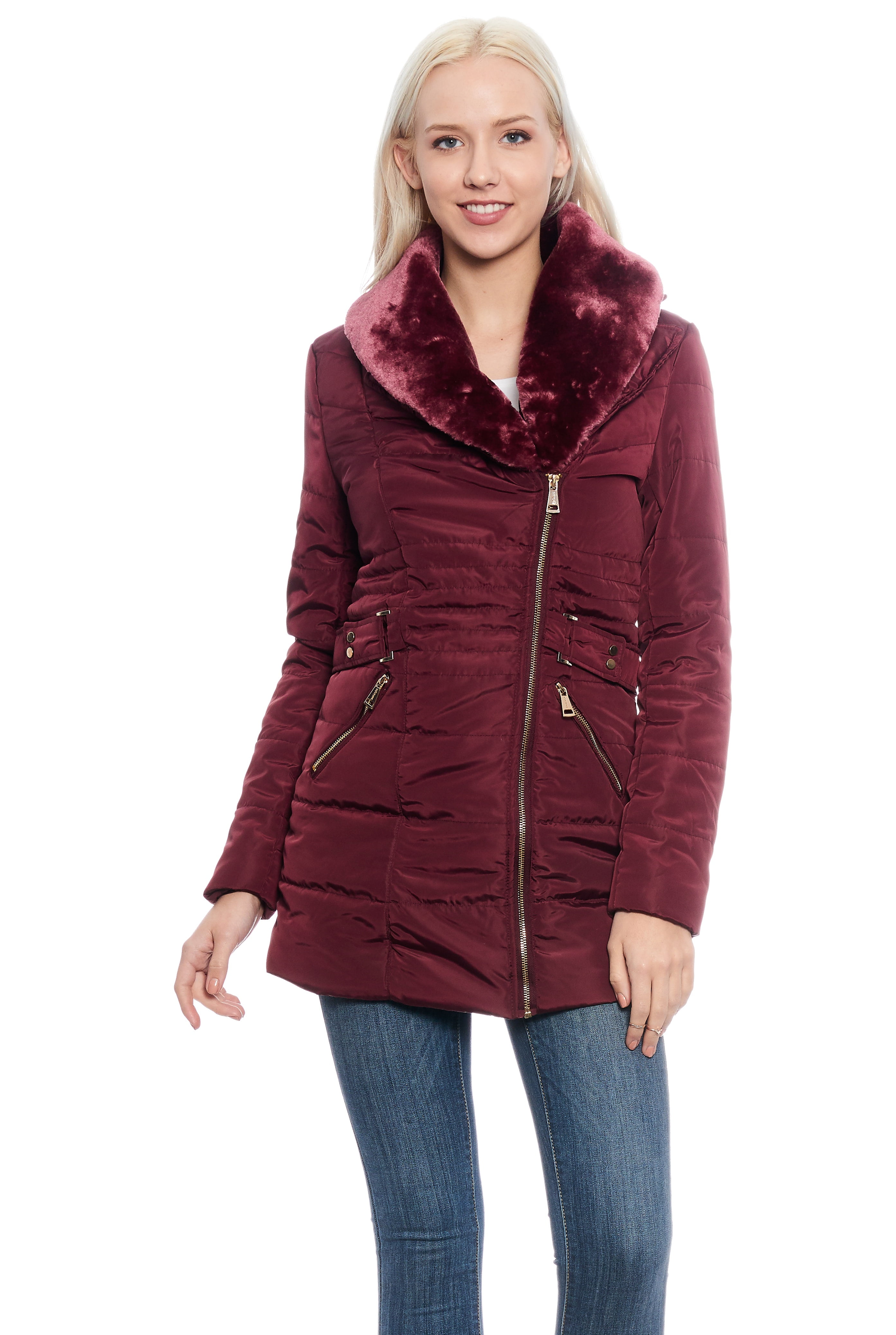 Women's Faux Fur Quilted Puffer Jacket with Asymmetrical Zipper and